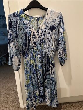 Desigual dolman top dress in blue & yellow w/ silver threading - size small